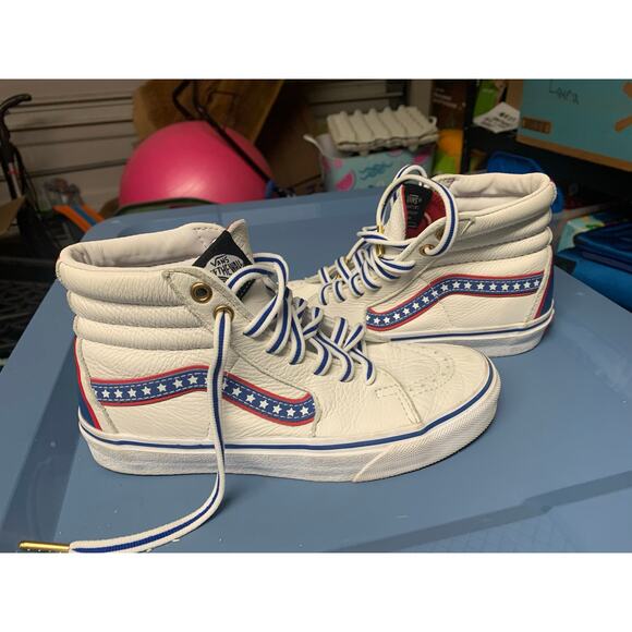 Vans Sk8-Hi USA Stars & Stripes White Leather Hi-Top Sneakers Men’s 4.5/ Women 6 - Picture 2 of 6